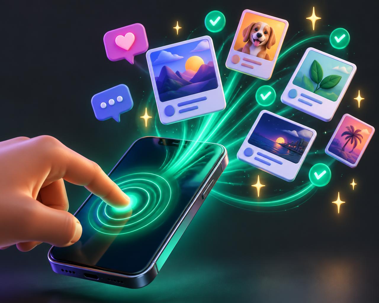 A finger taps a phone and approved social posts fly out